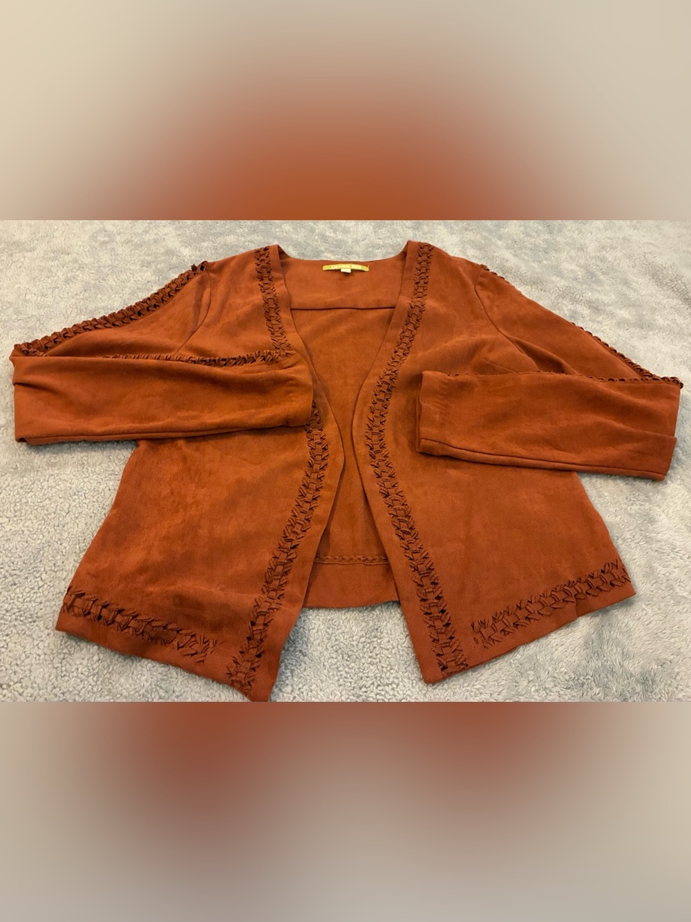 Gianni Bini Rust Suede Open-Front Jacket with Braided Trim Size Small